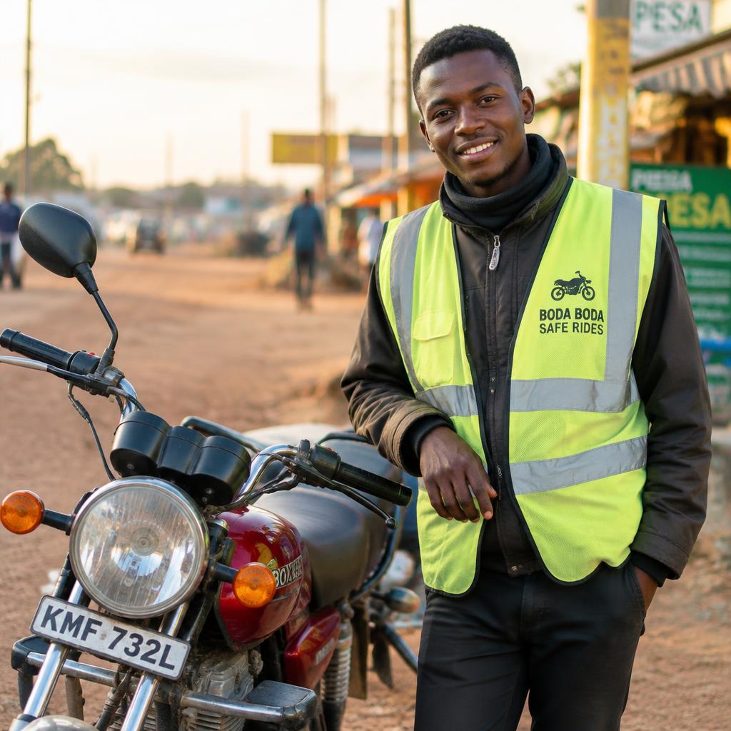 A Boda Boda rider beside his motorcycle