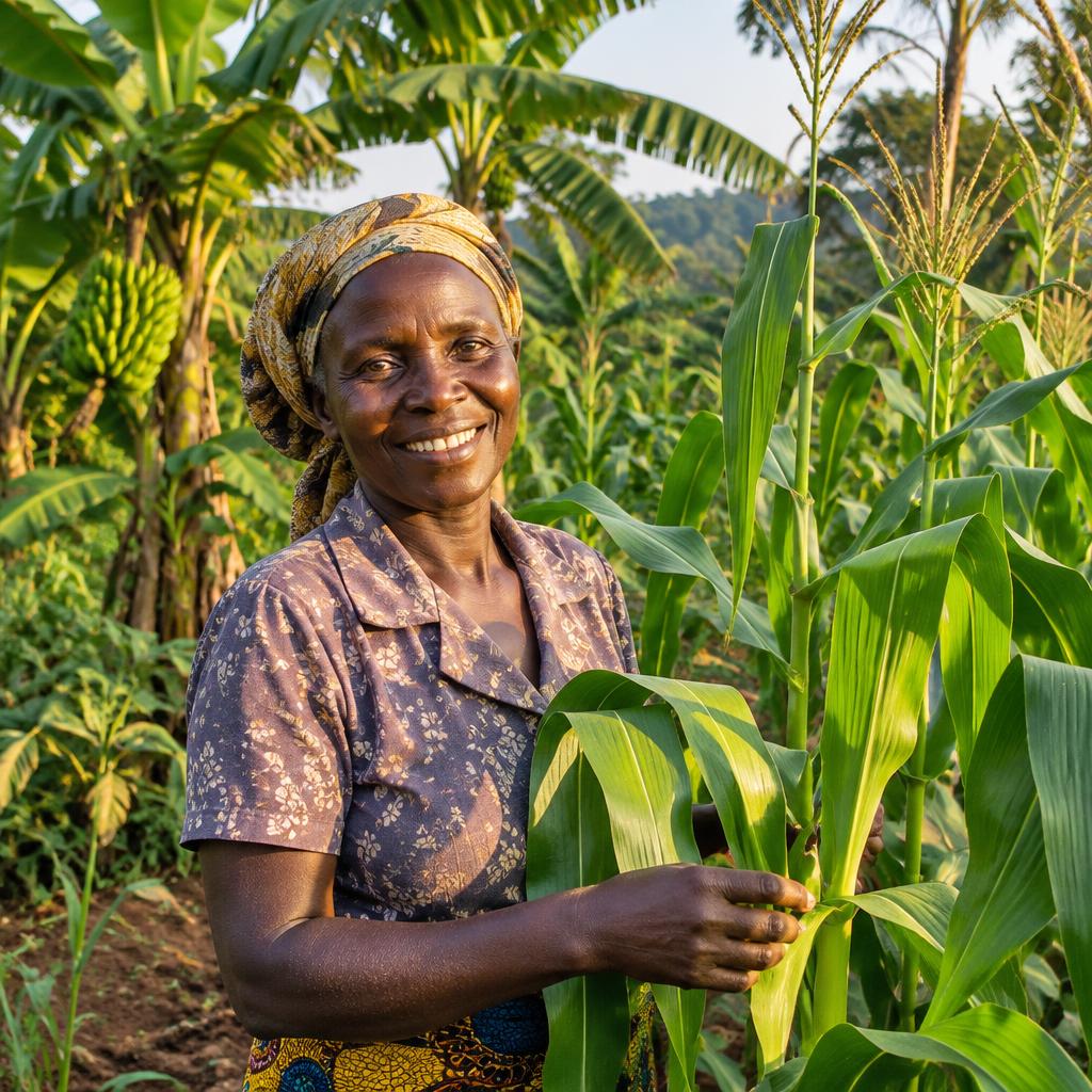 A smallholder farmer among maize and banana plants