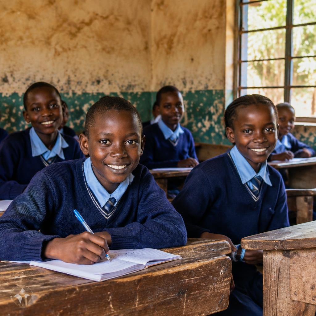 Pupils at their desks in a worn classroom