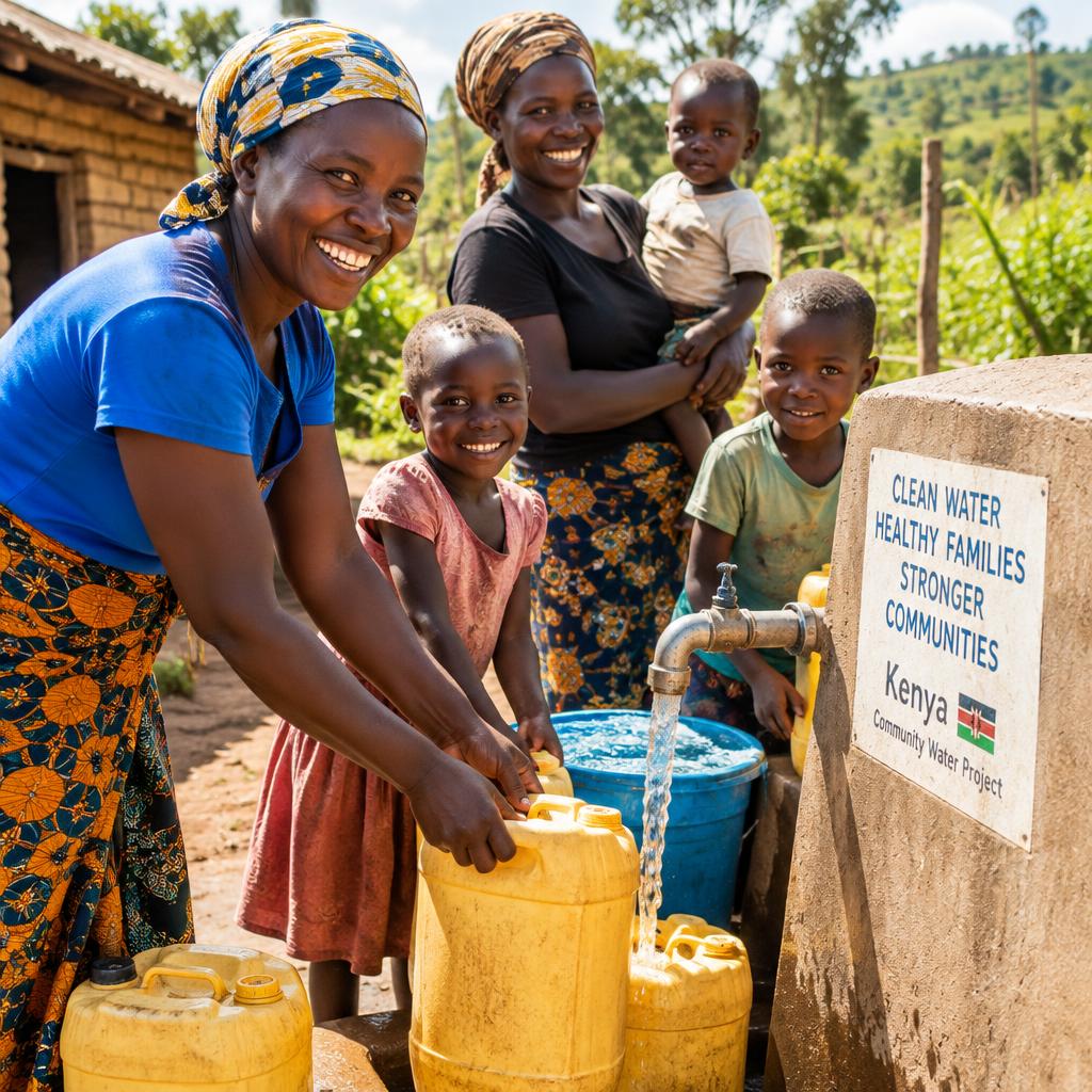 Families collecting clean water at a community tap